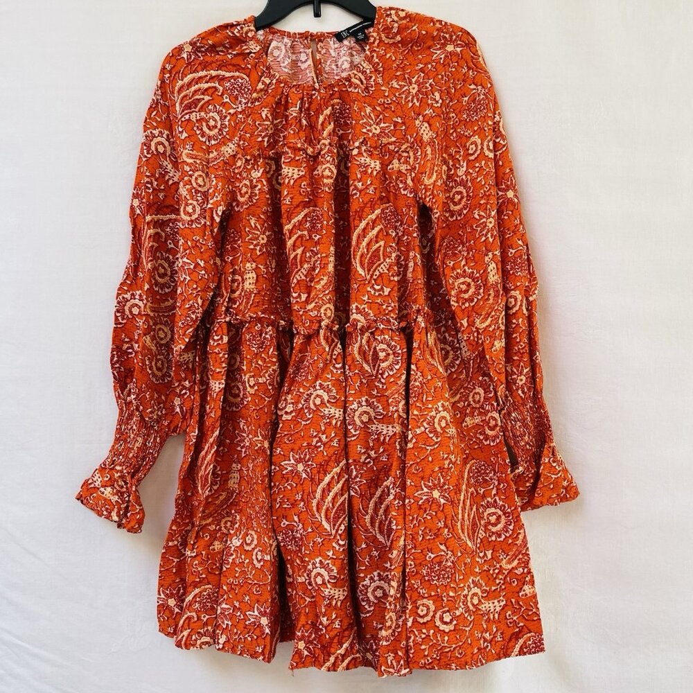 INC Mini Dress Womens XS Boho Floral Paisley Balloon Sleeves Orange Party Flowy